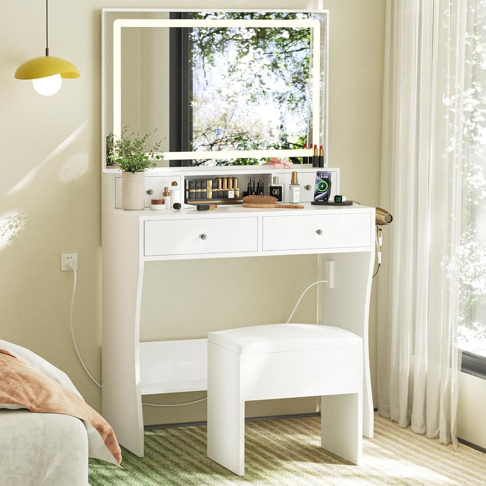 Desk Setup Small Space - Makeup Vanity Desk with Mirror and